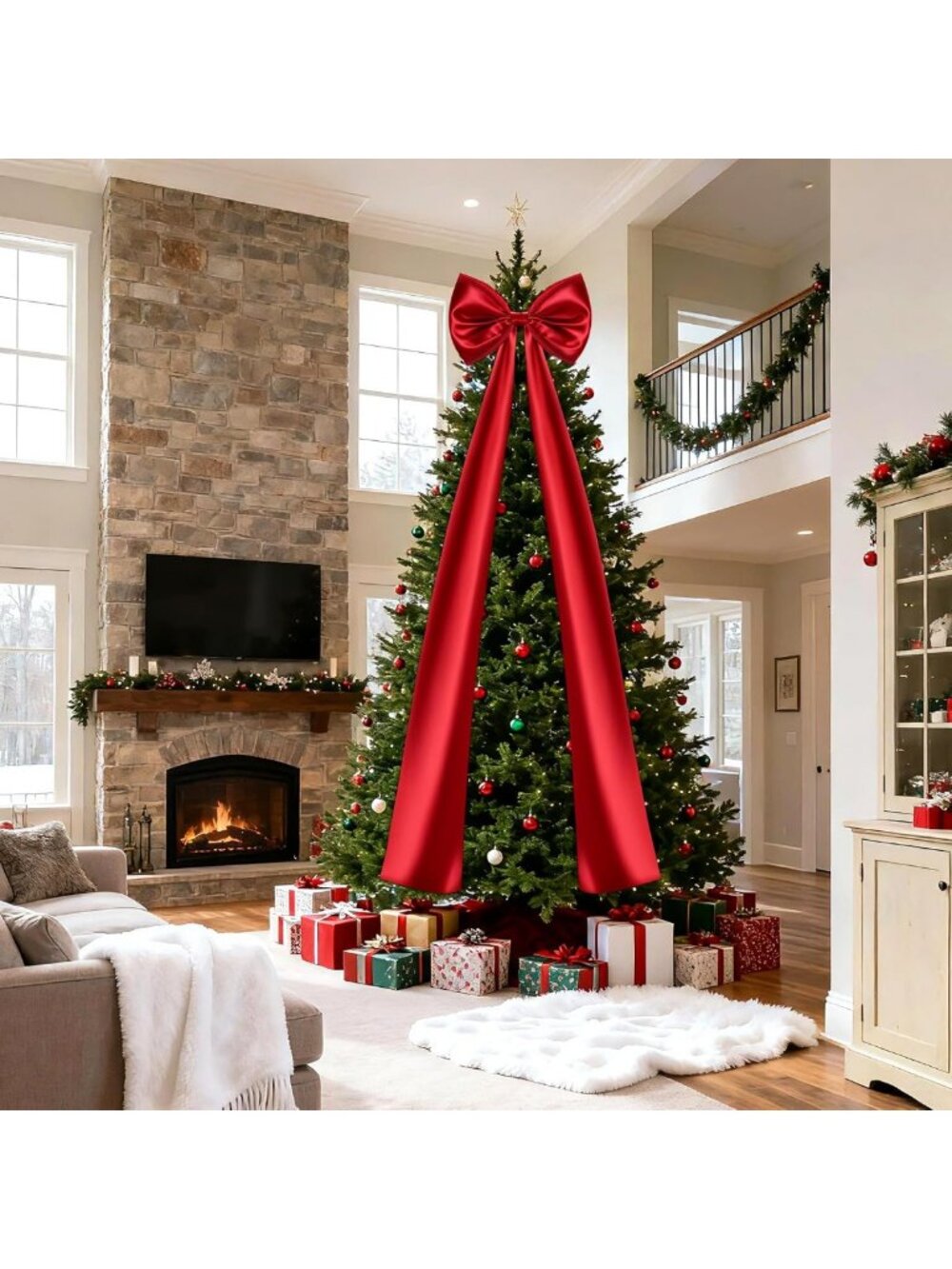 Giant Red Satin Christmas Tree Topper Bow 23.6x87 Inch Holiday Decor & Wreath